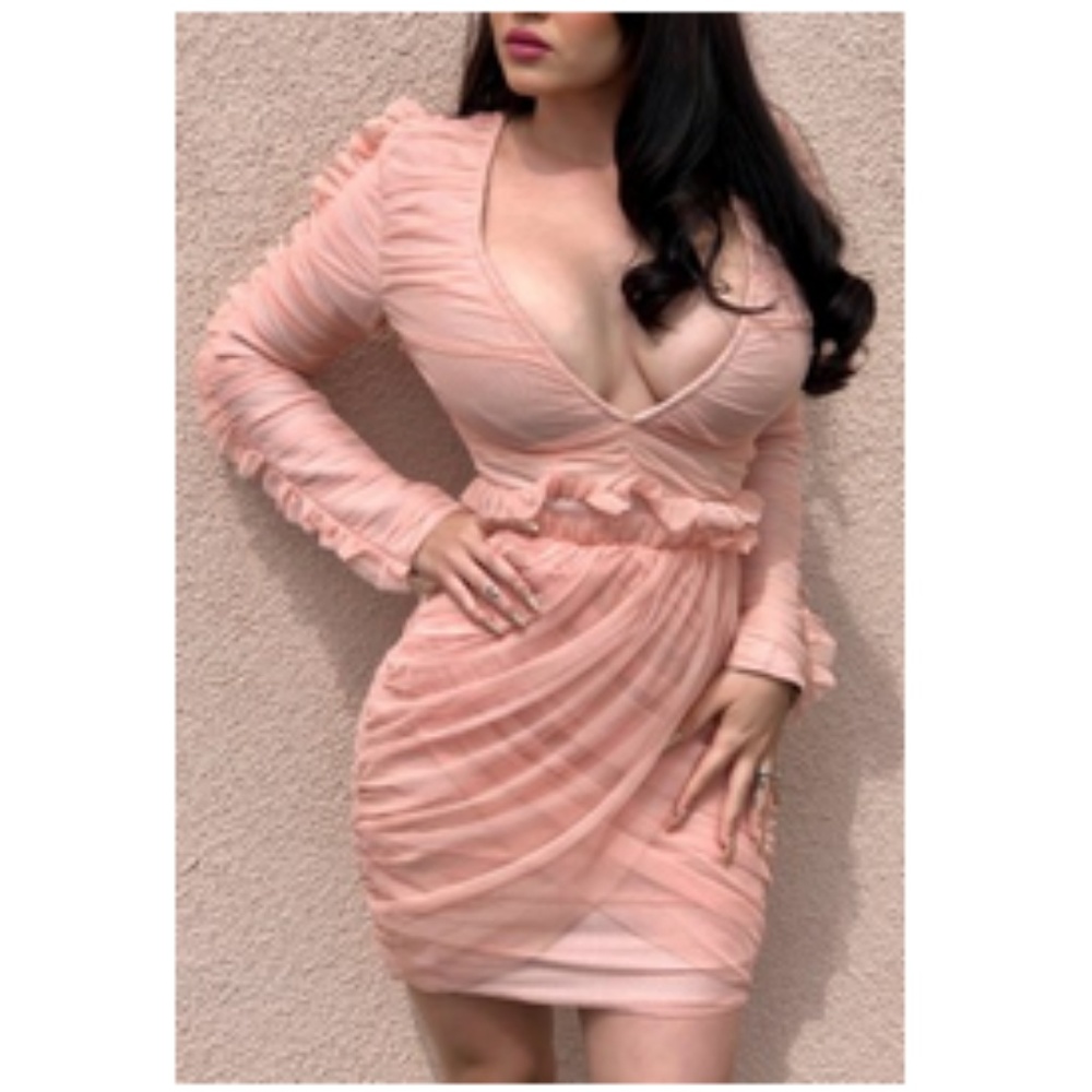 Wrap Logn Sleeve V Neck Bodycon Party  Dress